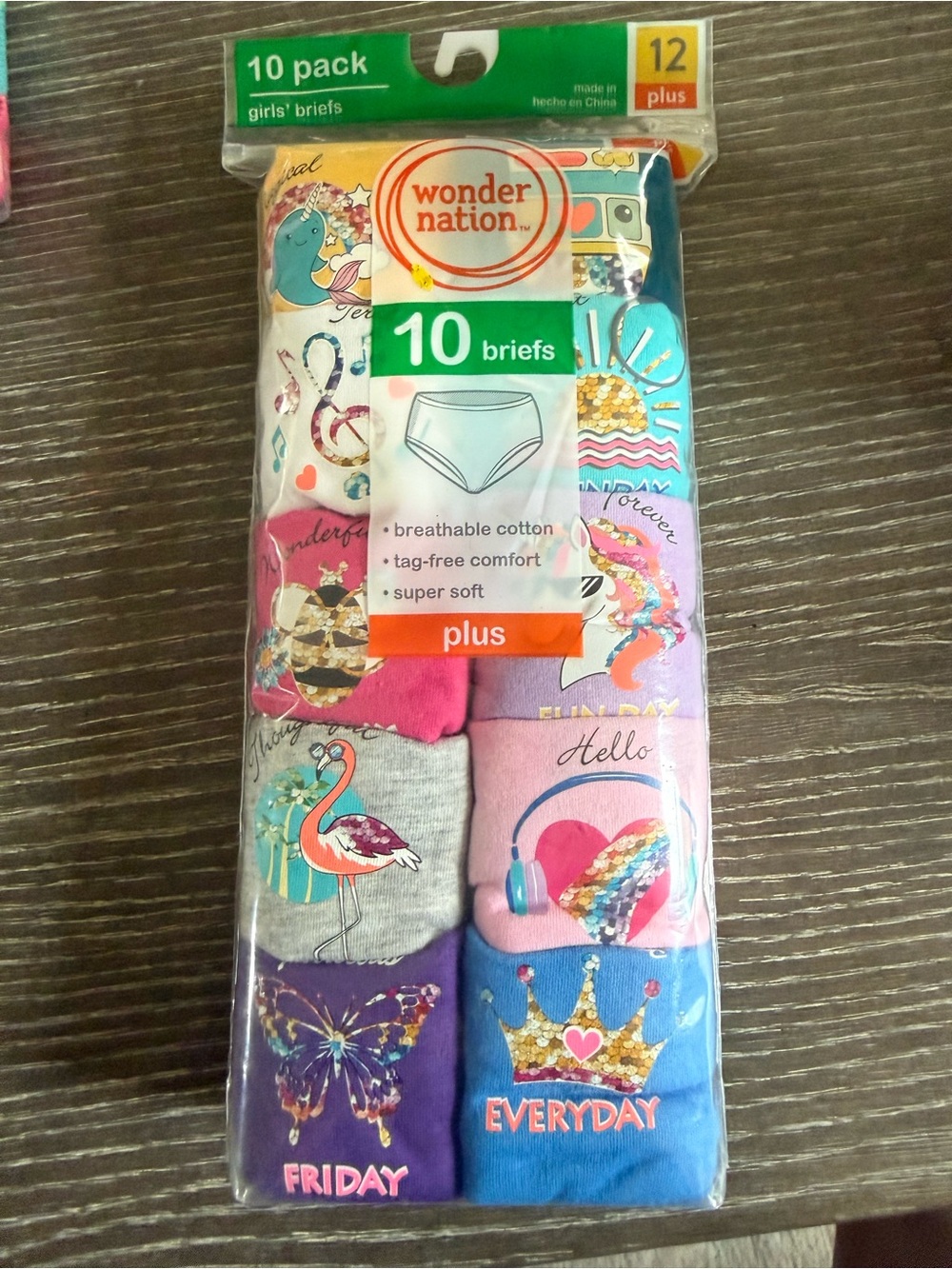 NWT Size 12 Wonder Nation Girls' Colorful Printed Briefs - 10 Pack